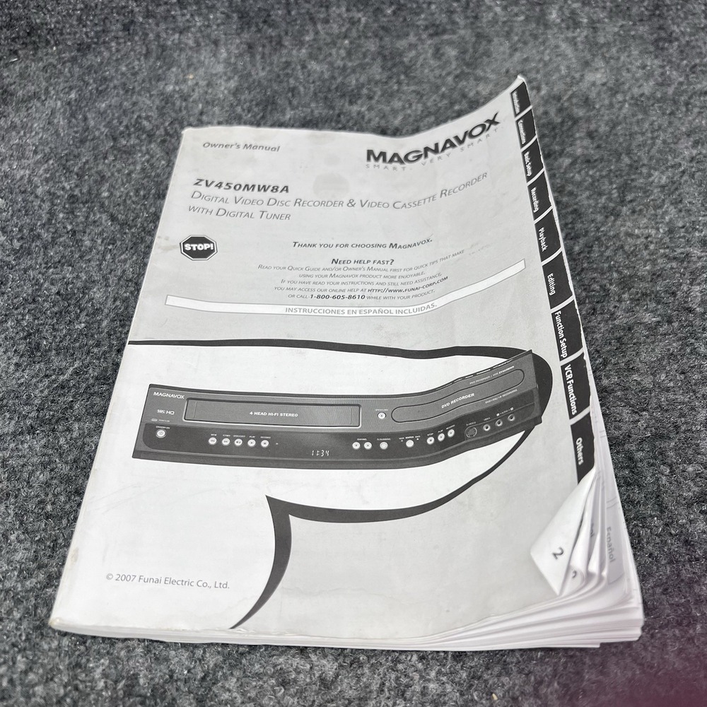 Original Magnavox ZV450MW8A DVD Recorder VCR Combo Unit Owner's Manual 2007